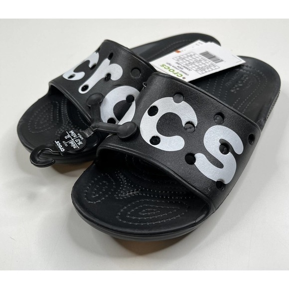NEW Crocs Classic Logo Slide Rubber Sandals Size 6 Women's Black Roomy Fit - Picture 1 of 7